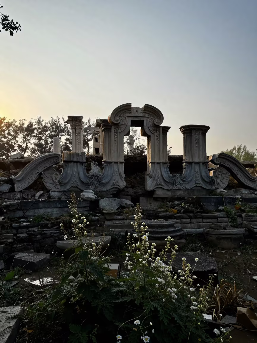 Wildflowers in Hubei Ruins Silhouetted in among toppled columns and nettles in Hubei