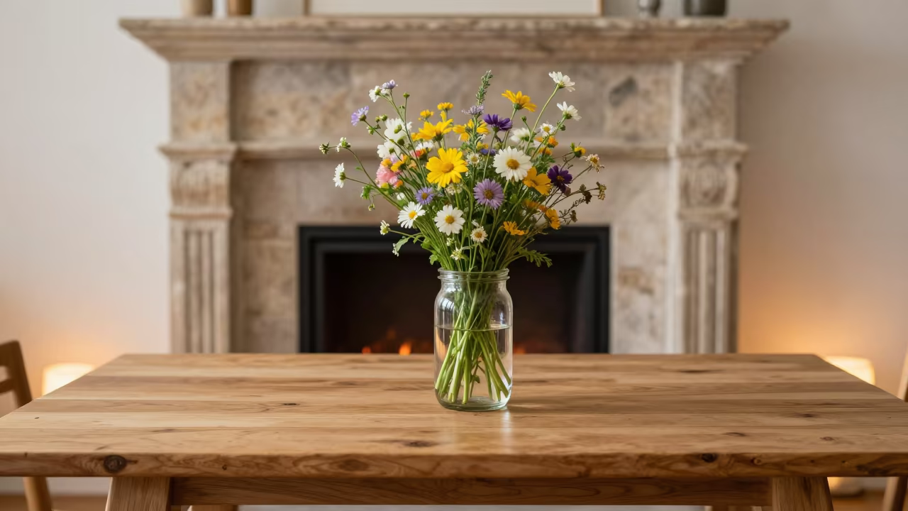 Wildflowers in Jar on Pine Table Near Fireplace in by a crackling fireplace in Suzhou