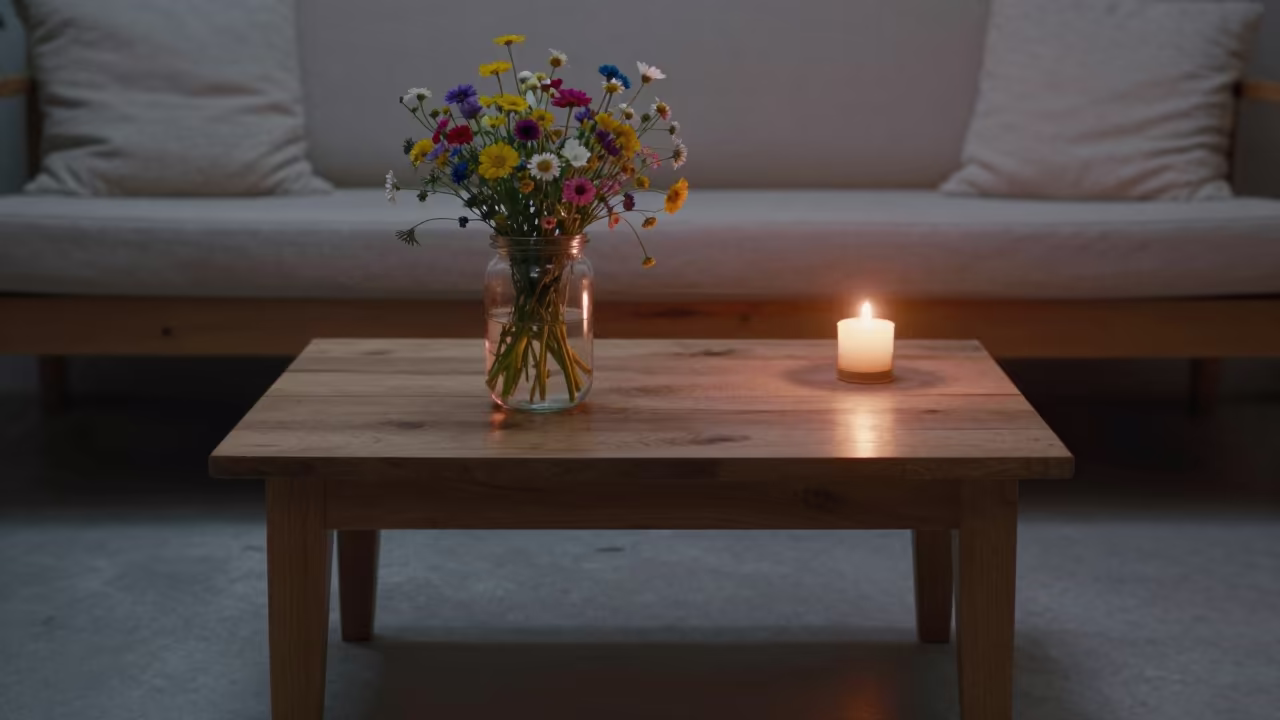 Wildflowers in Jar on Pine Table Larkana in on a reading nook cushion in Larkana