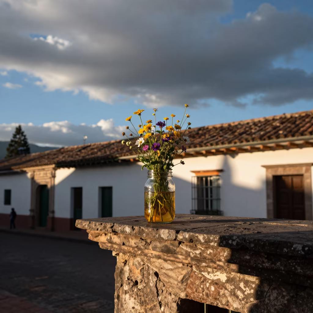 Wildflowers in Mason Jar on Ambato Mantel in in the old quarter in Ambato