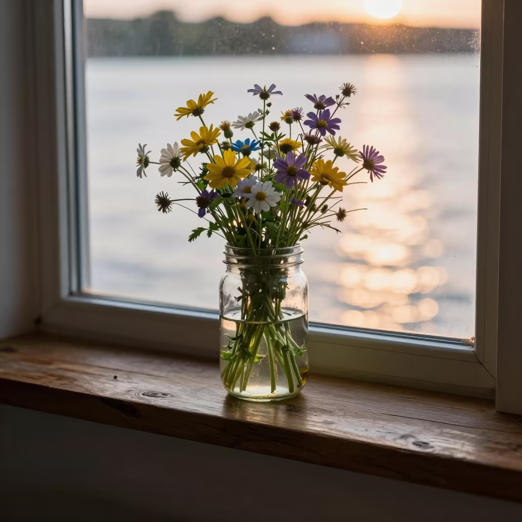 Wildflowers in Mason Jar on Belfast Mantel in in Belfast