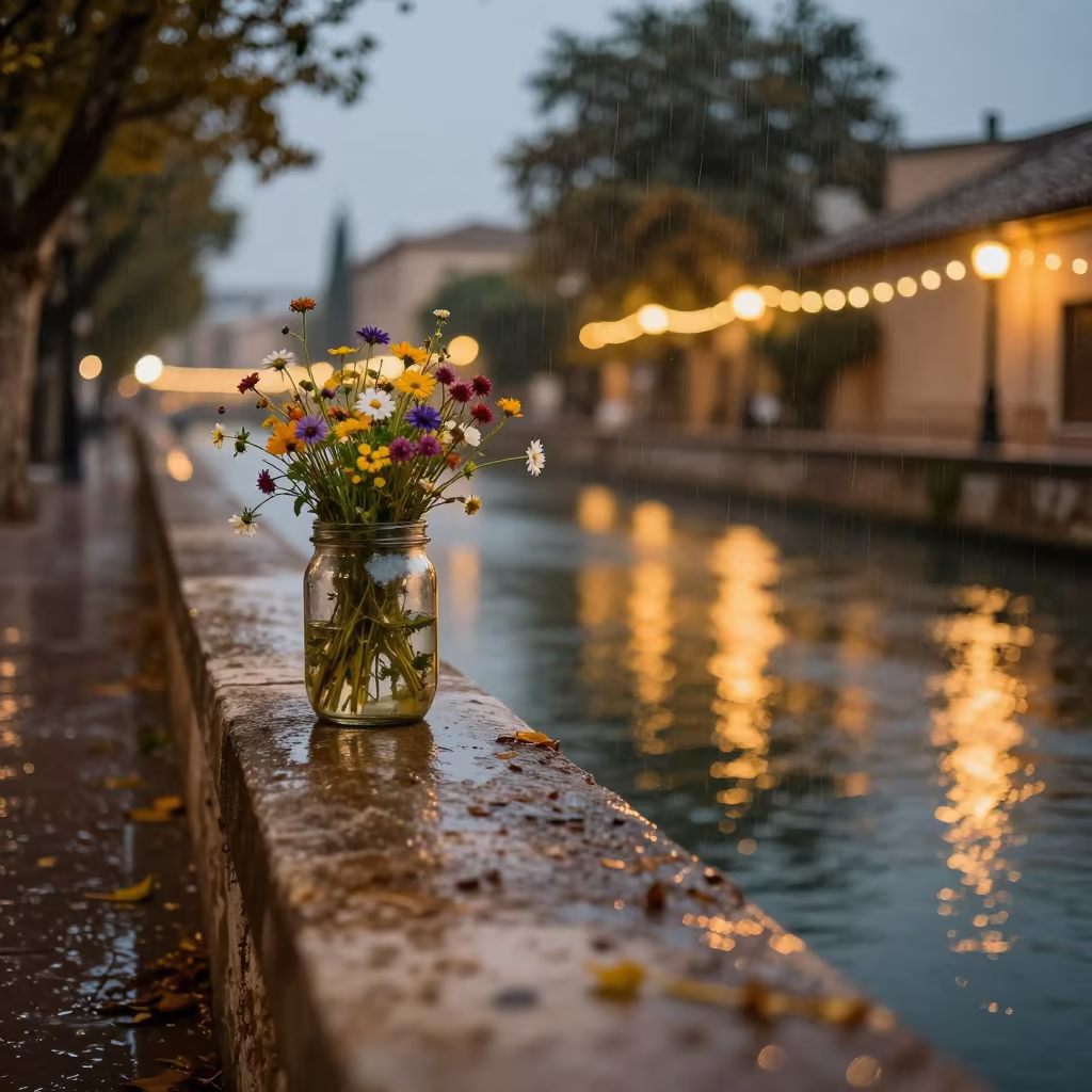Wildflowers in Mason Jar on Rustic Mantel in beside a canal in Alcalá de Henares