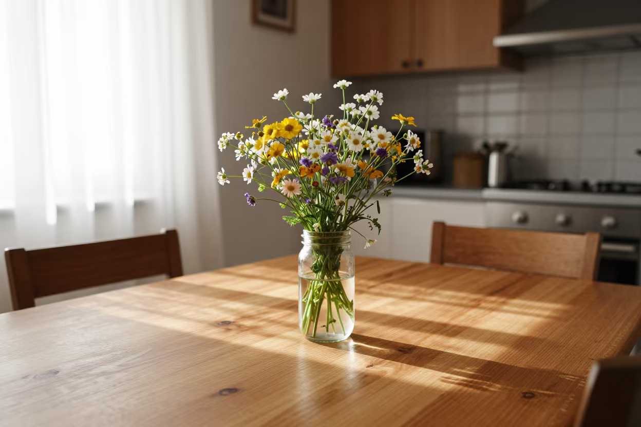 Wildflowers in Midmorning Light on Pine Table in on a window seat in Settat