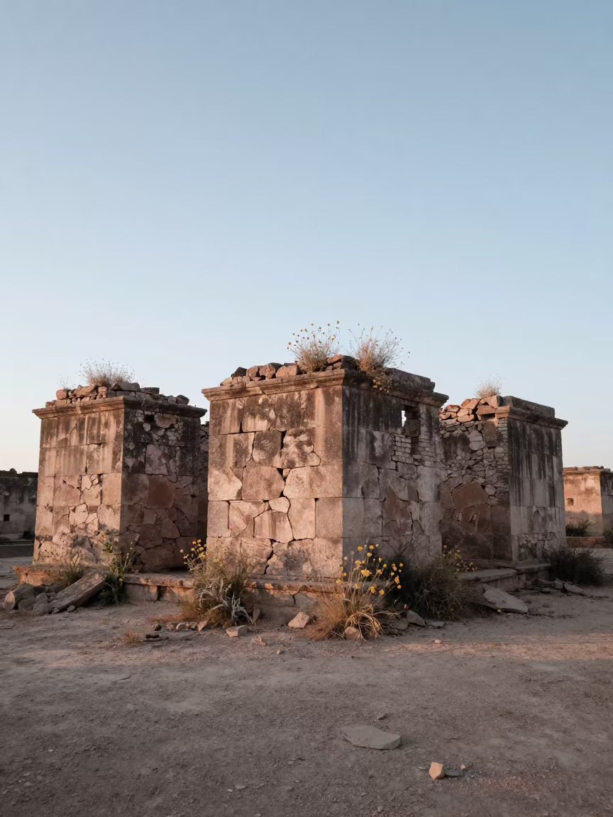 Wildflowers in Roofless Stone Ruins Near Hermosillo in among roofless stone chambers near Hermosillo