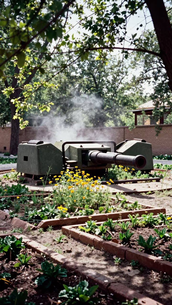 Wildflowers in Ruined Gun Emplacement Near Namangan in among terraced garden plots near Namangan