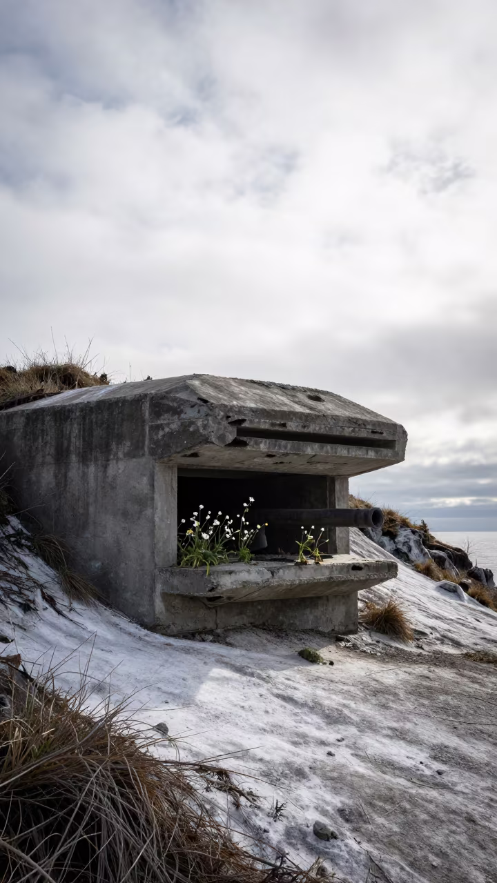 Wildflowers in Ruined Gun Emplacement in along a salt-sprayed cliff edge in Washington