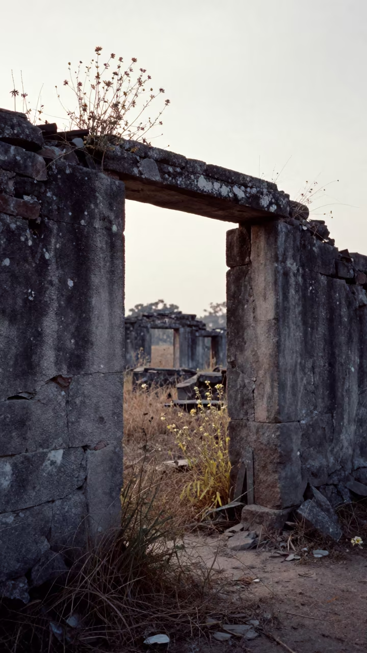 Wildflowers in Stone Arch Ruins Port Harcourt Dawn in beneath a broken stone arch near Port Harcourt