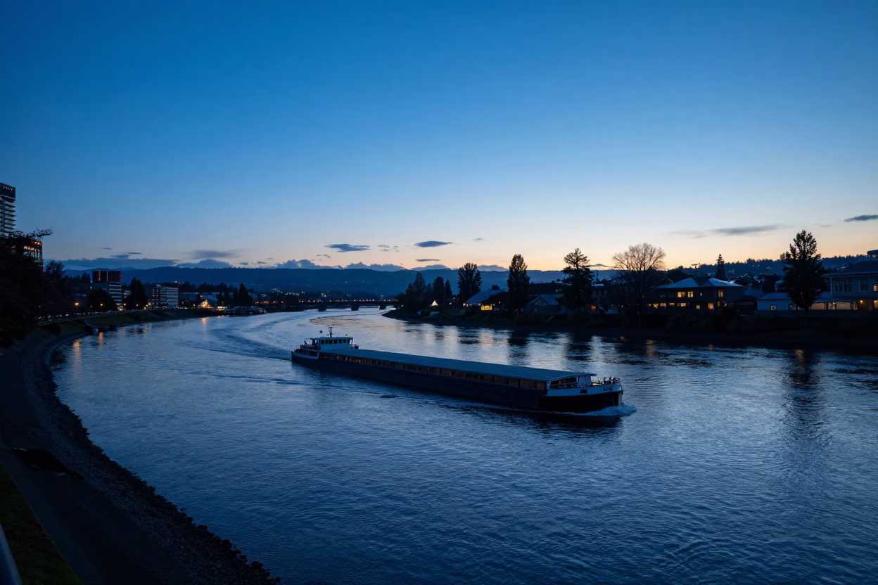 Willamette River in Portland at Twilight in in Portland, Oregon, United States