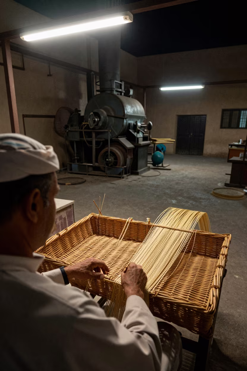 Willow Basket Weaver in Dubai Foundry Night in in a foundry in Al Fahidi, Dubai