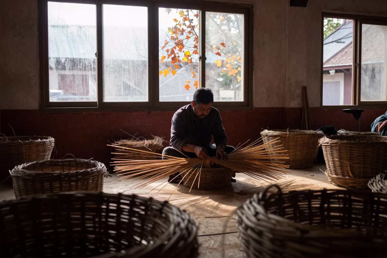 Willow Basket Weaver in Lalitpur Rehearsal Room in in a rehearsal room in Lalitpur