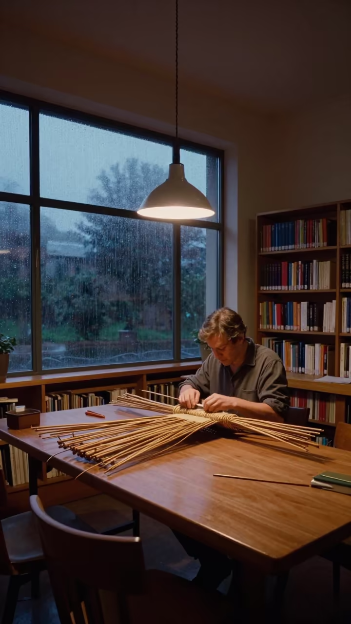 Willow Basket Weaver in Library at Midnight in in a library reading room in Wa