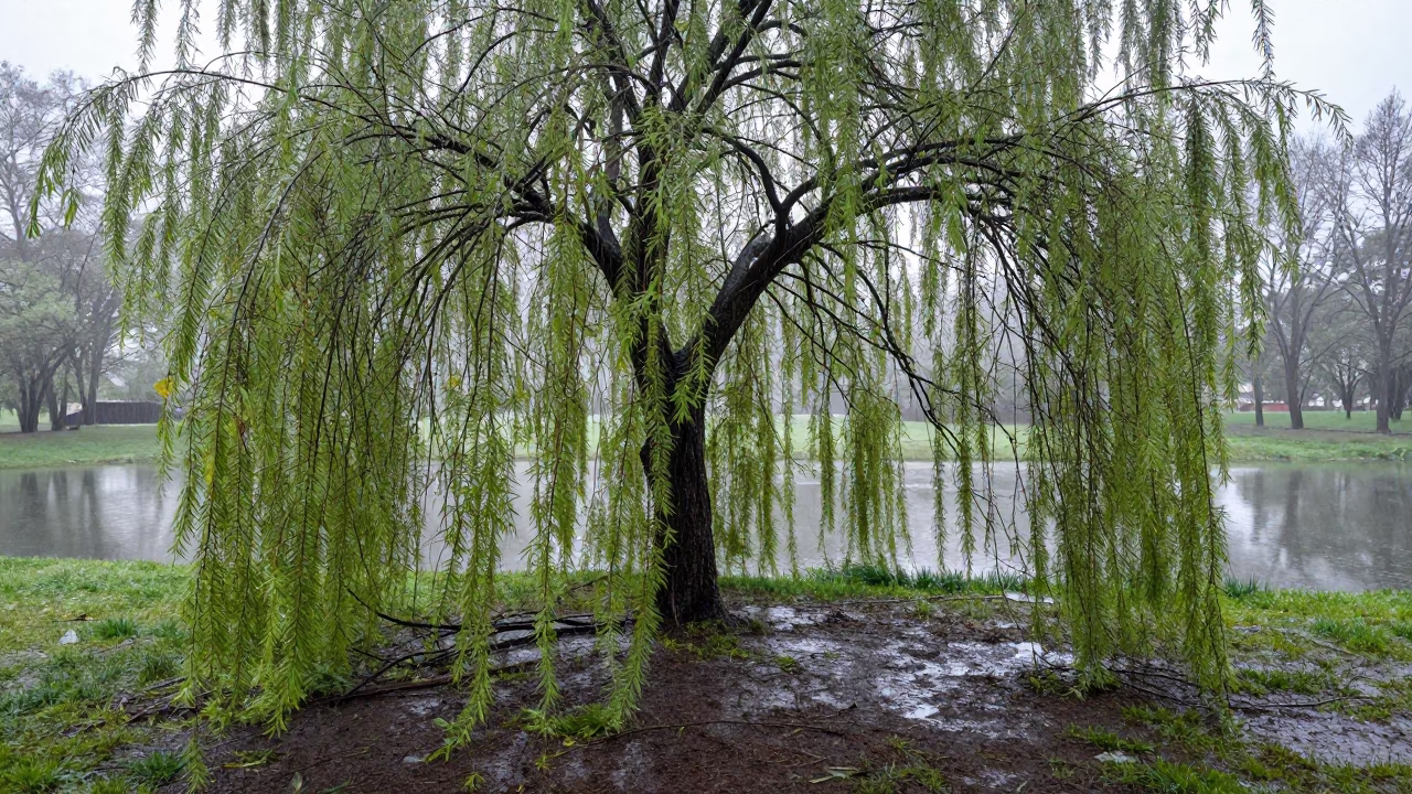 Willow Branches Over Pond in Dawn Light in in a bloom-heavy meadow in São Paulo state