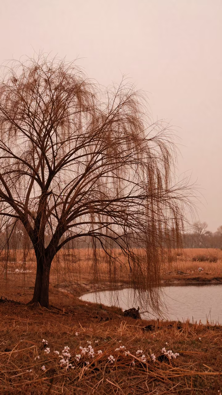 Willow Trailing Branches Over Pond in Zinder Meadow in in a bloom-heavy meadow near Zinder
