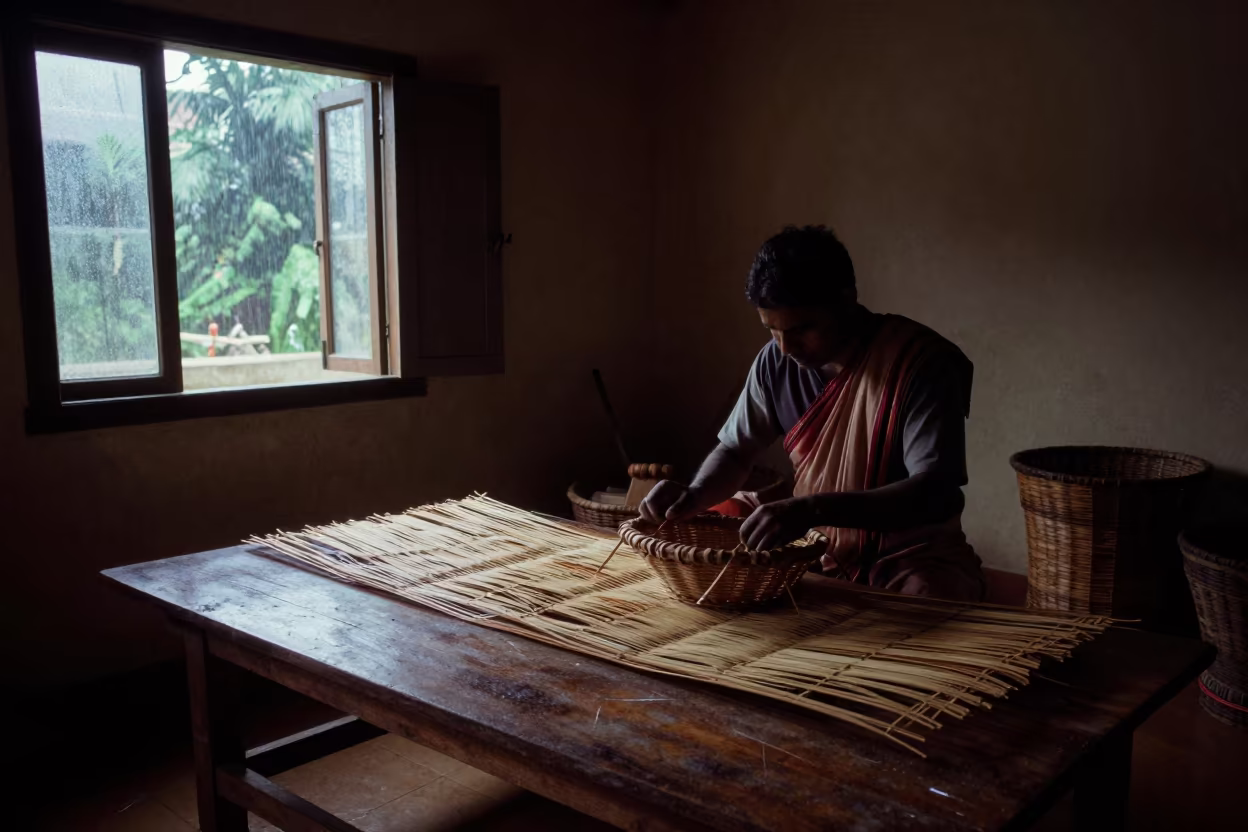 Willow Weaver at Dawn in Palakkad Atelier in in an atelier in Palakkad