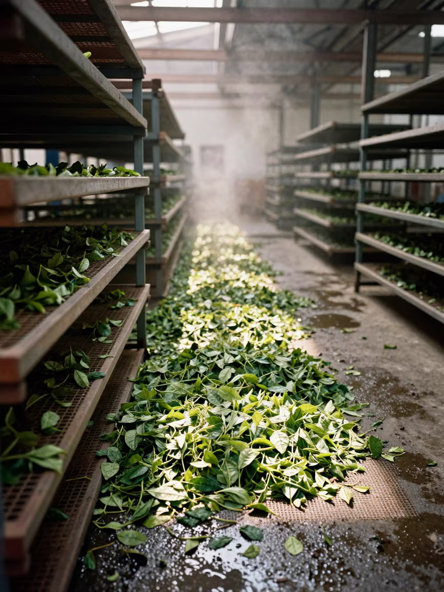 Wilted Tea Leaves on Mesh Trays in Lombardy Factory in inside a tea-processing hall in Lombardy