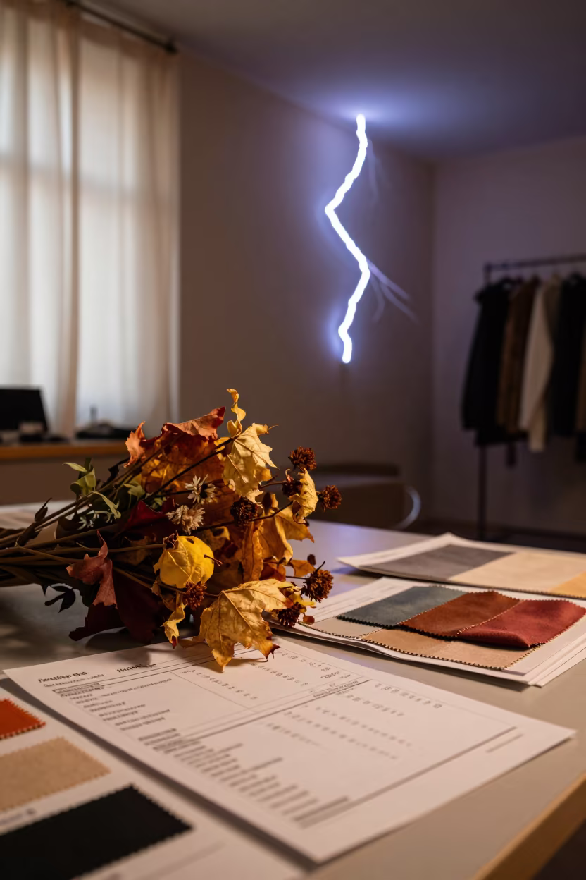 Wilting Bouquet Frozen Lightning Toulouse Showroom in under runway rehearsal lights in Toulouse