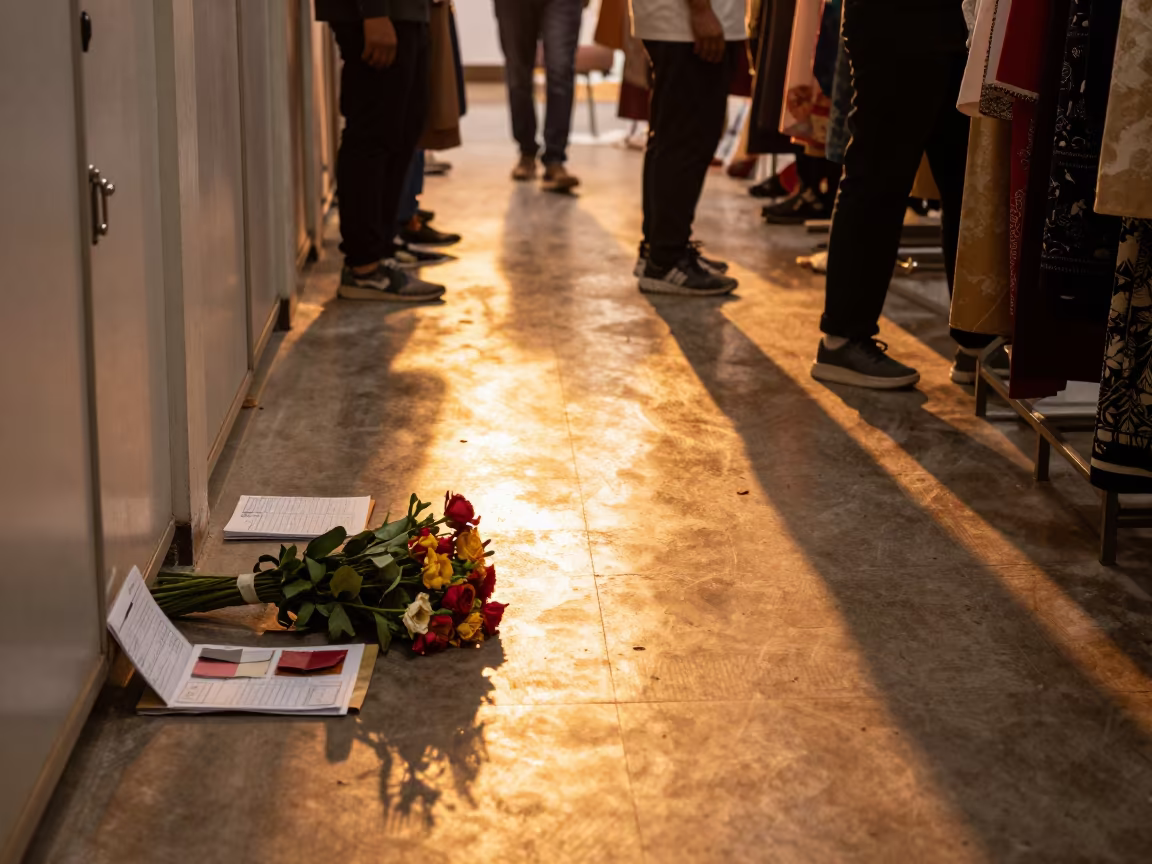 Wilting Bouquet in Kandhkot Fashion Showroom in in a backstage changing corridor in Kandhkot