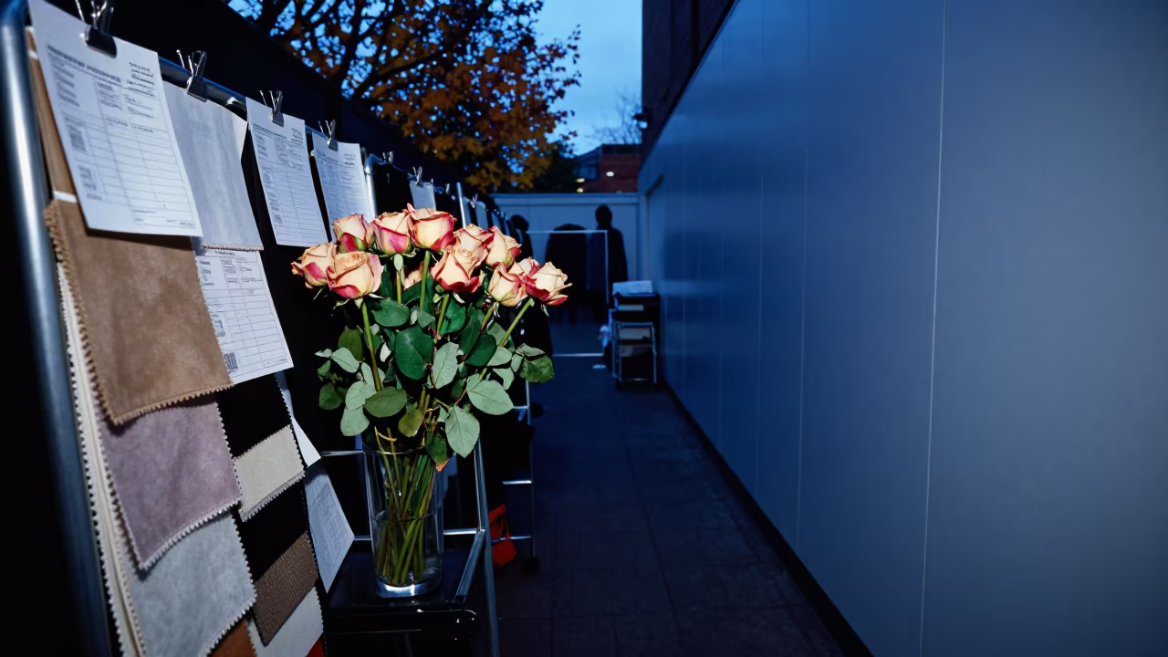 Wilting Fashion Bouquet in Birmingham Corridor in in a backstage changing corridor in Birmingham
