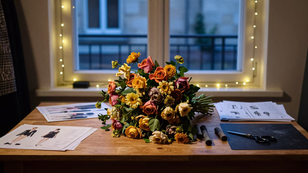 Wilting Fashion Bouquet on Tailoring Table in at a tailoring table strewn with chalk and shears in Angers