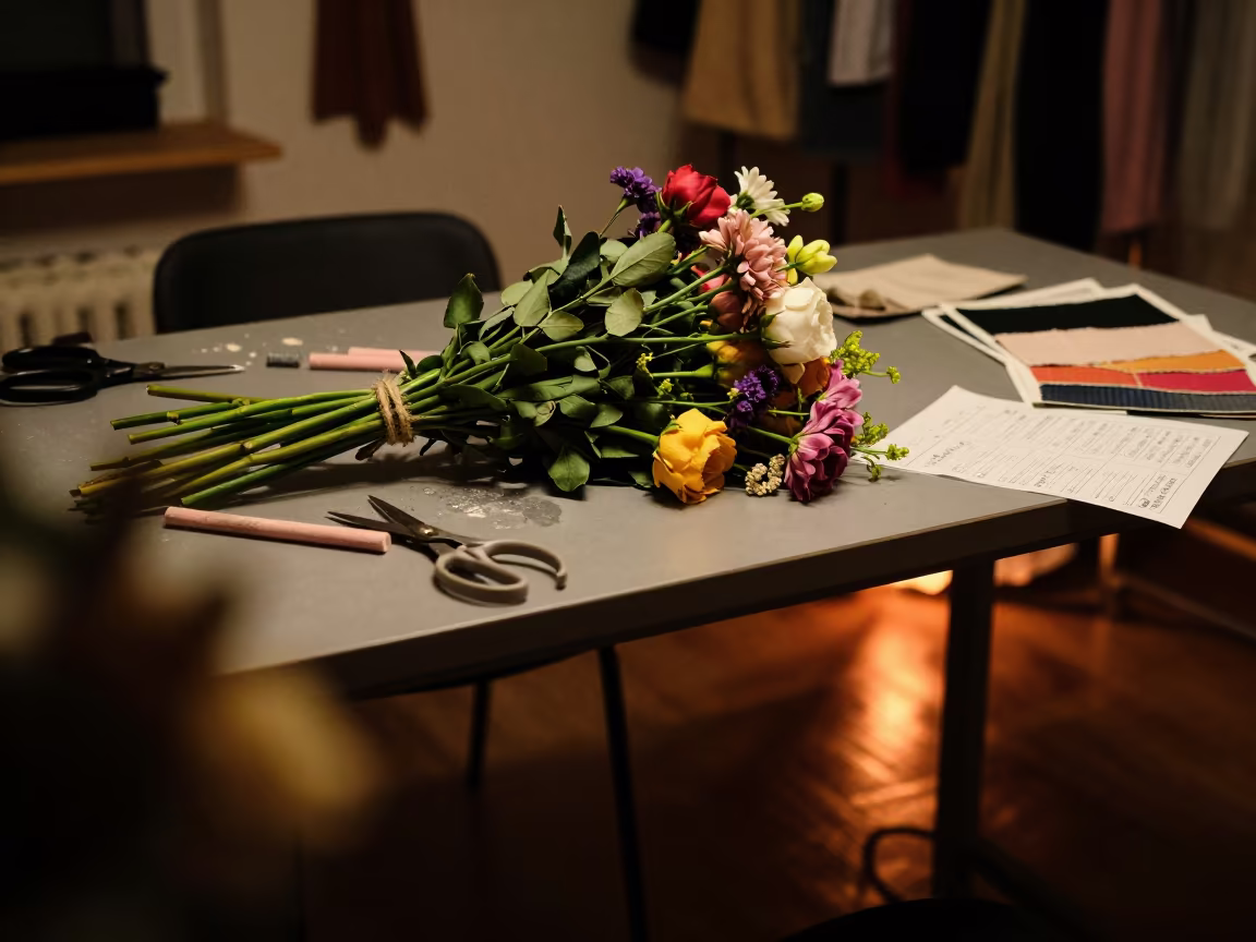 Wilting Fashion Bouquet Amidst Tailoring Tools in at a tailoring table strewn with chalk and shears in Bucharest