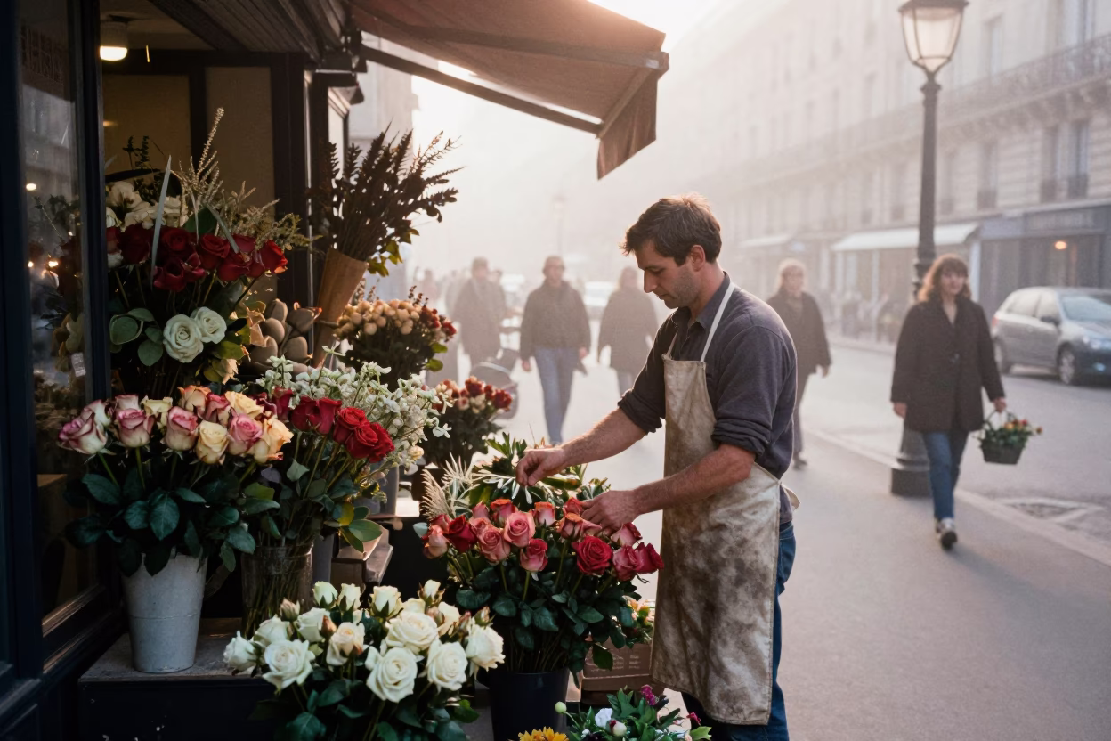 Wilting Flowers in Paris at First Light Of Dawn in in Paris, France