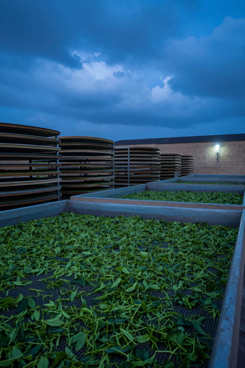 Wilting Tea Leaves on Mesh Trays in Blue Hour in along a food-processing floor with sorting tables near Fez