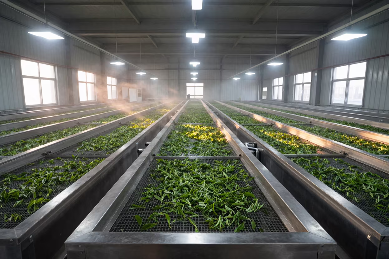 Wilting Tea Leaves on Stainless Conveyors in inside a packing hall with stainless conveyors in Shandong