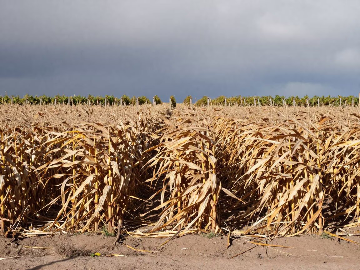 Wind Bent Corn Rows Near Salta Vineyard in between vineyard trellises near Salta