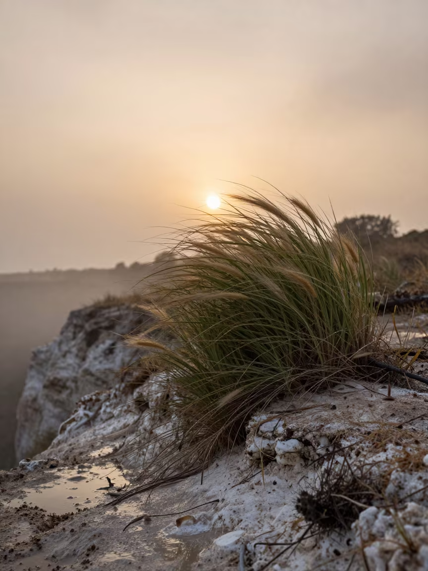 Wind Blown Cactus Grass in Evening Light in along a salt-sprayed cliff edge near Man