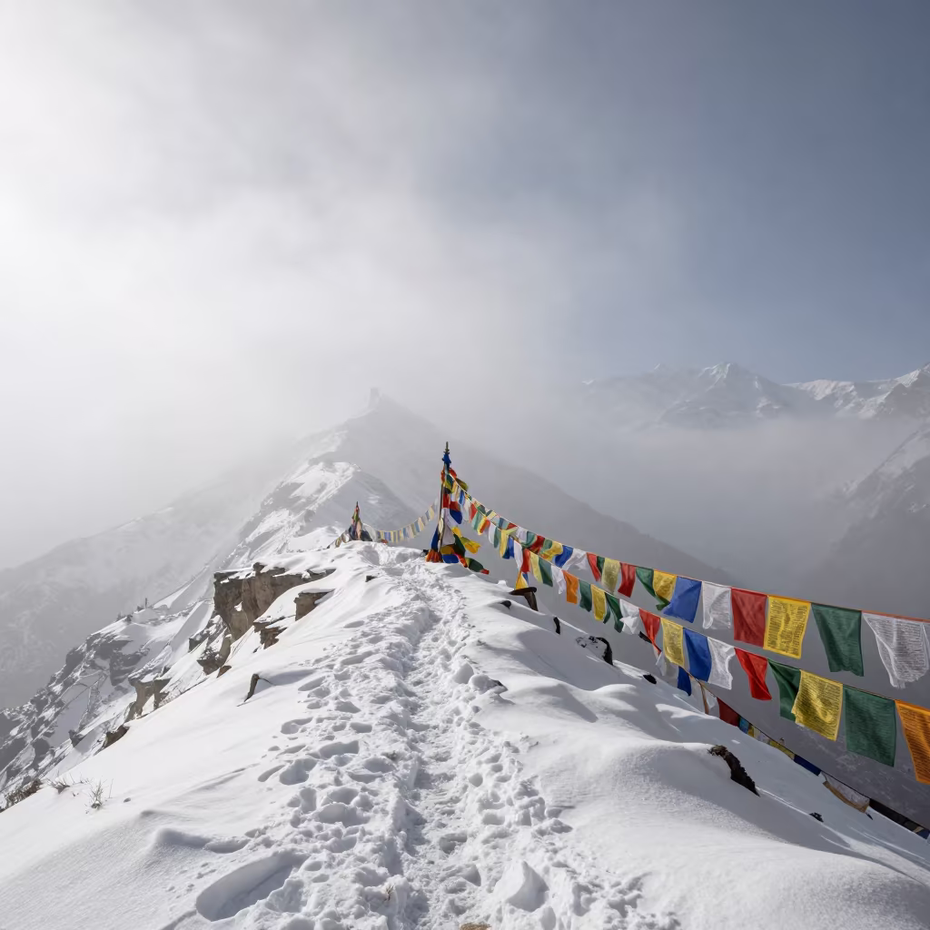 Wind Carved Mountain Pass in Winter Mist in on a wind-cut ridge below prayer flag lines near Kathmandu