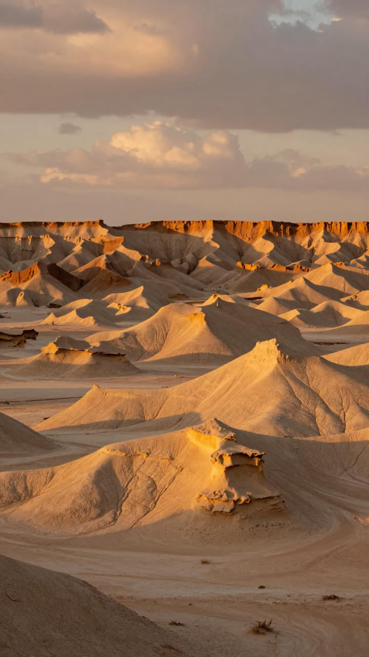 Wind-Eroded Yardang Formation in Doha Clay Desert in from a ridge above layered foothills near Doha