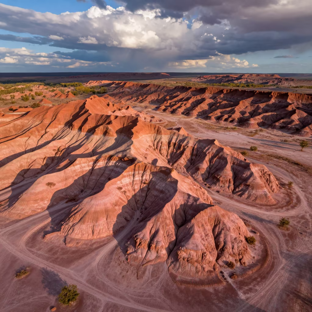 Wind-Eroded Yardang Ridge Alice Springs in from a ridge above layered foothills near Alice Springs