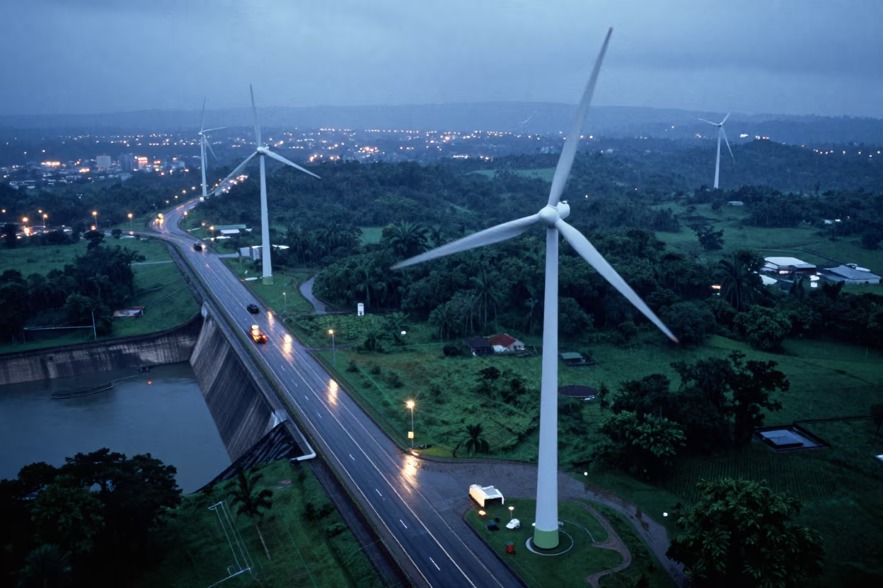 Wind Farm Aerial View Beside Nicaraguan Motorway in along a dam spillway in Nicaragua