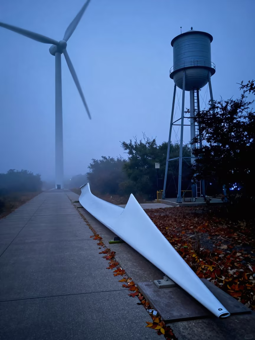 Wind Farm Blades at Dusk Beside Water Tower in beside a water tower ladder in San Antonio