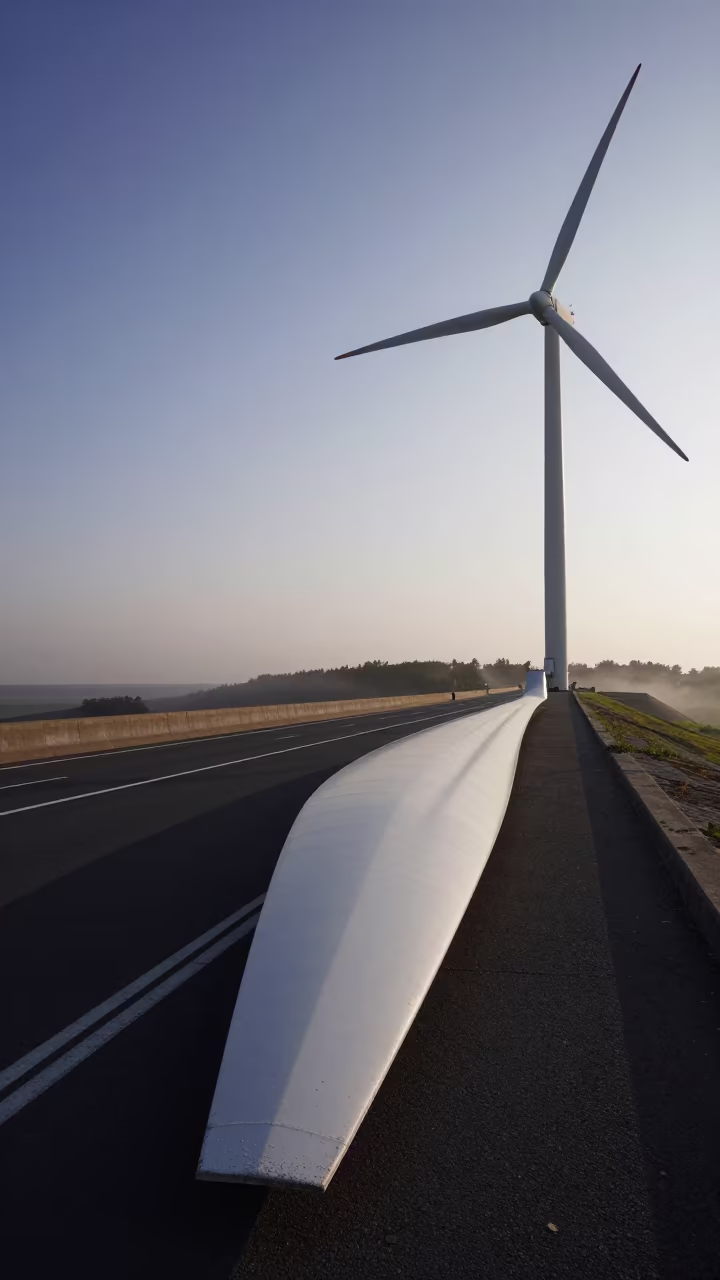 Wind Farm Blades Parked at Dusk Along Dam in along a dam spillway in Rhode Island