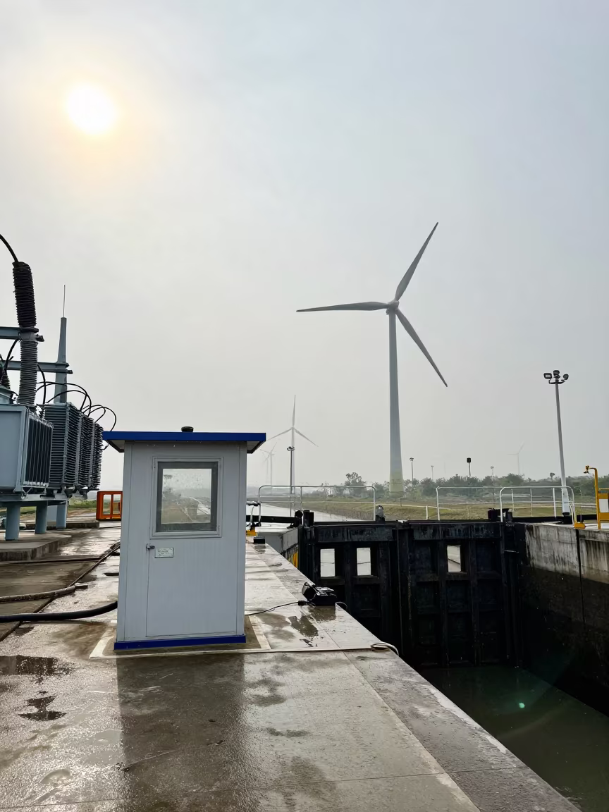 Wind Farm Cabin Amid Monsoon Sleet at Canal Lock in at a canal lock chamber in Acarigua