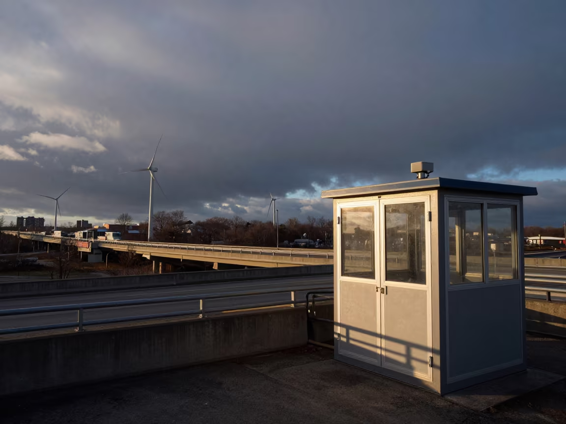 Wind Farm Cabin Rim Light Overpass Sleet Boston in across a windy overpass interchange near Jamaica Plain, Boston