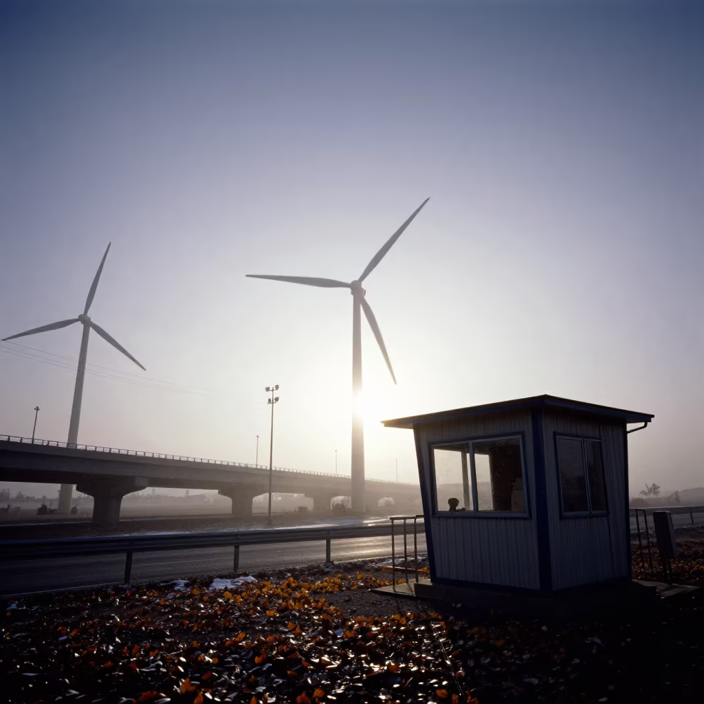 Wind Farm Cabin Silhouette Amid Sleet Over Kandahar in across a windy overpass interchange in Kandahar