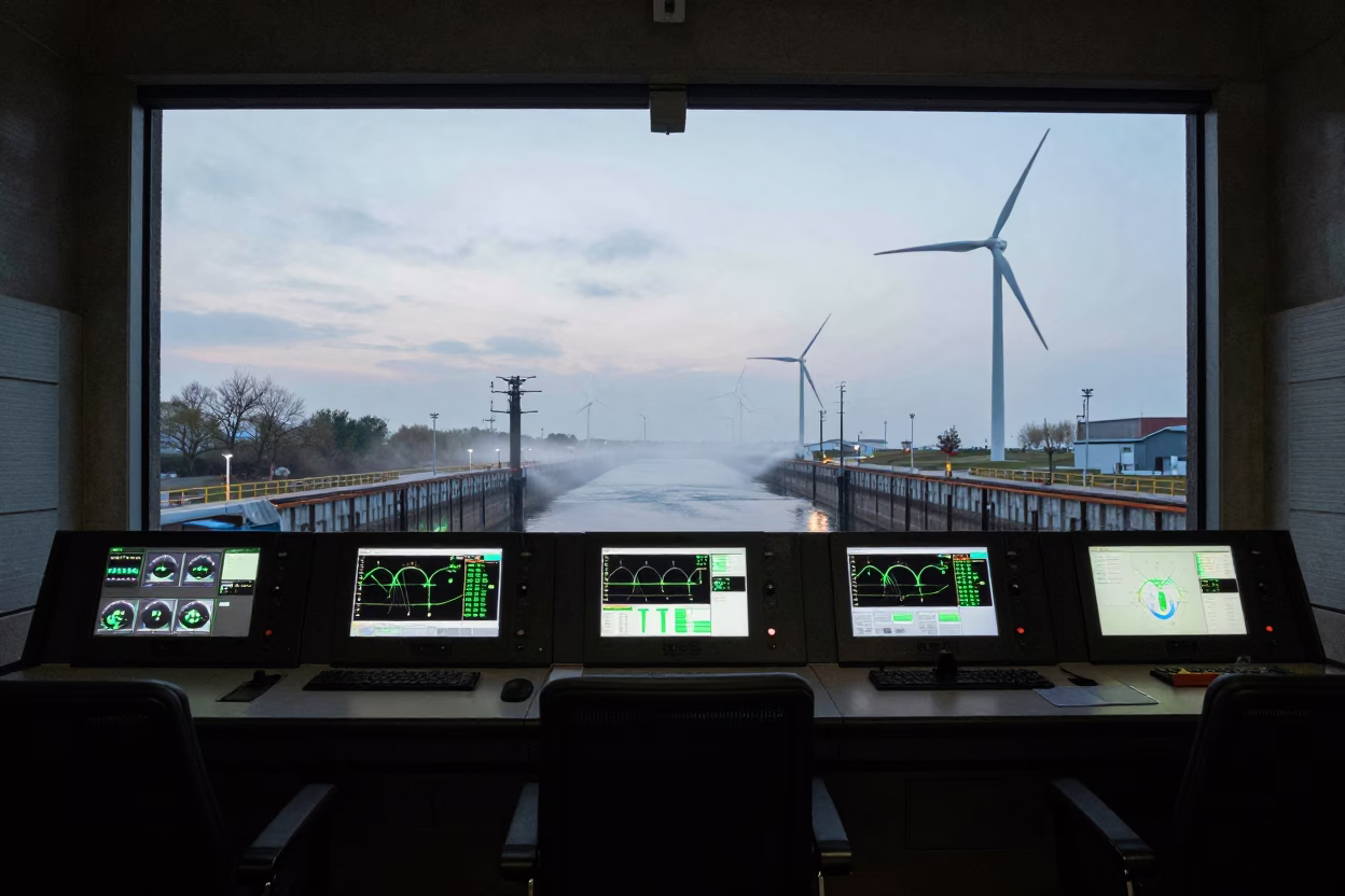 Wind Farm Control Room Canal Lock Twilight in at a canal lock chamber in Ningbo