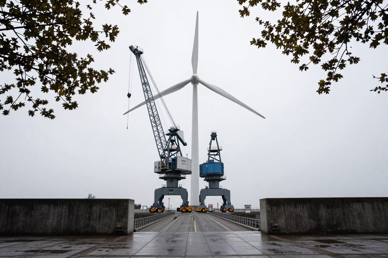 Wind Farm Crane Beneath Storm Barrier Aden in beside a storm surge barrier near Aden