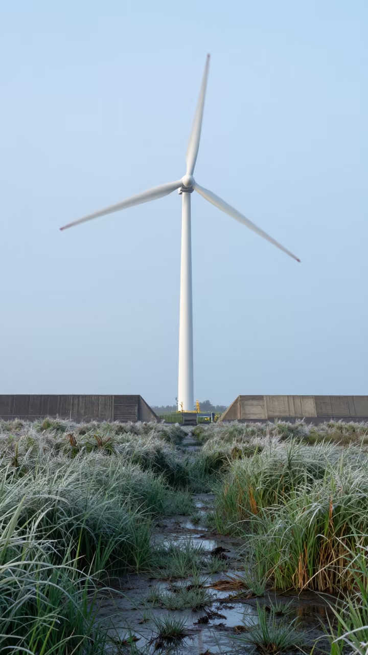 Wind Farm Crane Near Frosted Marsh After Storm in beside a storm surge barrier in Antsirabe