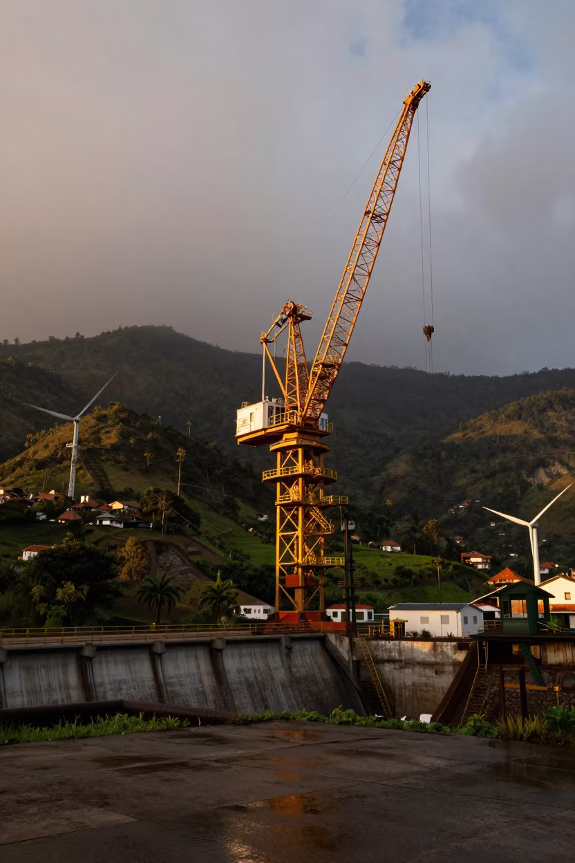 Wind Farm Crane Against Mountain After Storm in along a dam spillway in Colombia