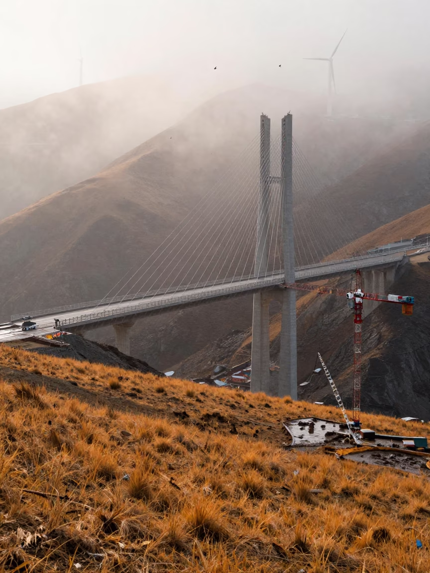Wind Farm Crane Under Bridge in Misty Tibet in under a cable-stayed bridge span in Tibet