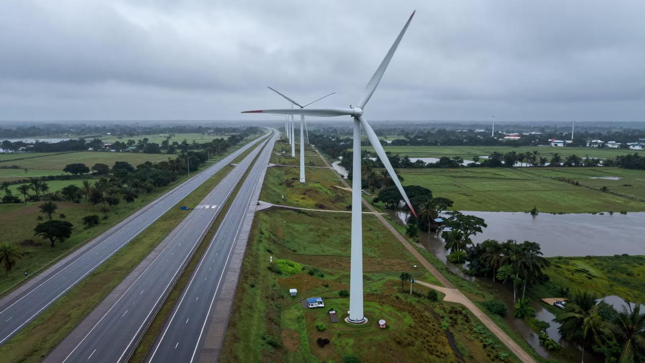 Wind Farm Drone View Along Koudougou Levee in along a levee path above floodwater near Koudougou