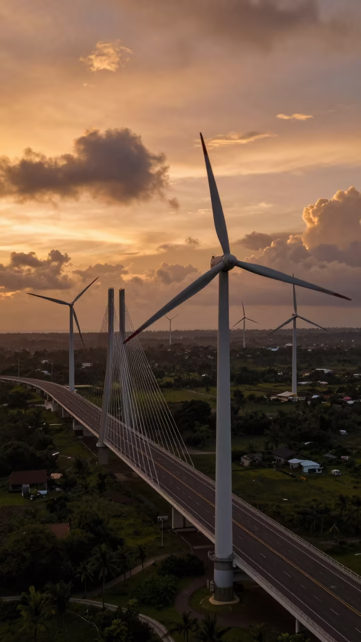 Wind Farm Drone View Near Lombok Bridge in under a cable-stayed bridge span near Lombok