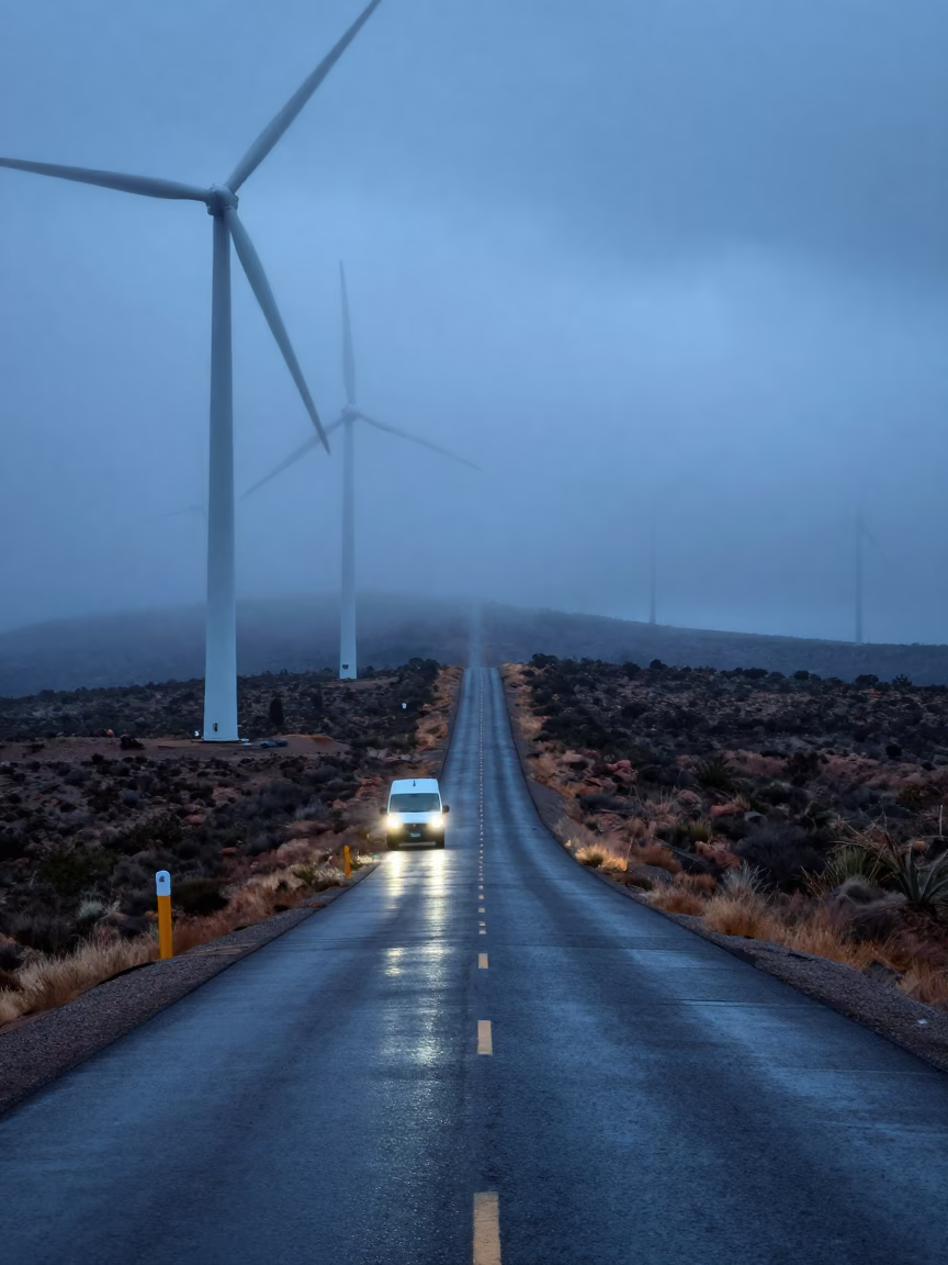 Wind Farm Road Vanishing Through Arizona Fog in beside a storm surge barrier in Arizona