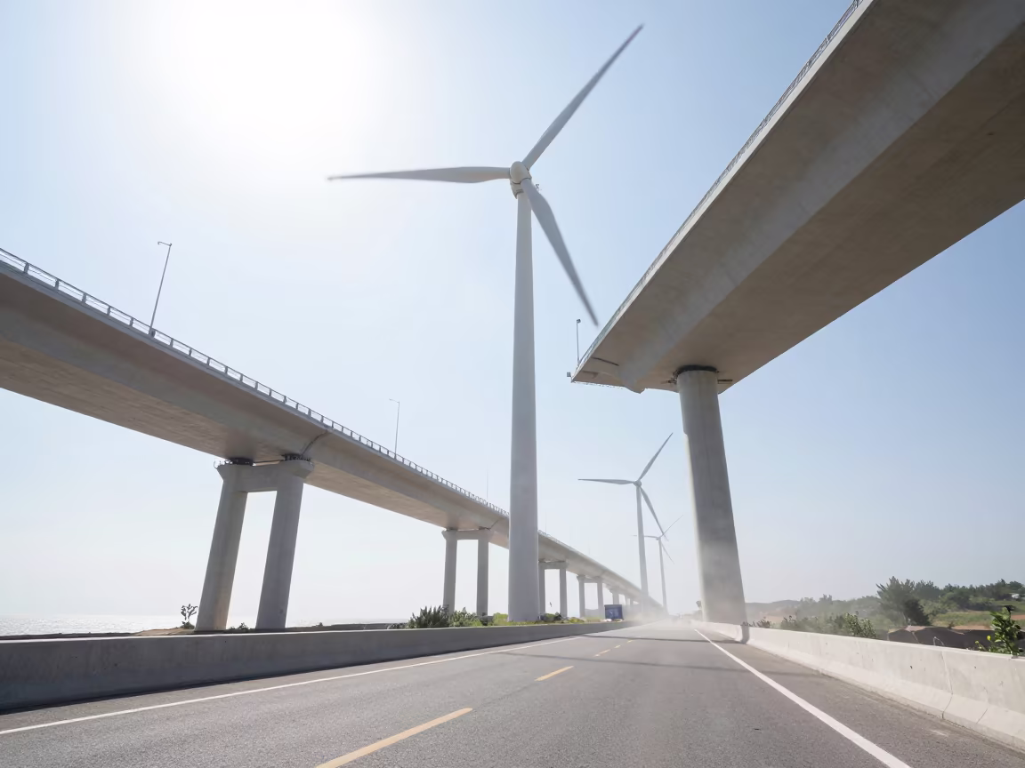 Wind Farm Road Under Bridge Blades North Korea in under a cable-stayed bridge span in North Korea