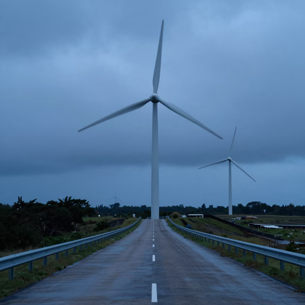 Wind Farm Road Under Turning Blades at Blue Hour in along a dam spillway in Fiji
