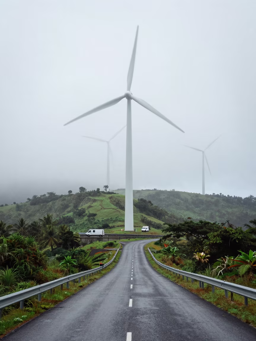 Wind Farm Road Vanishes Through Hill Fog Mauritius in across a windy overpass interchange in Mauritius