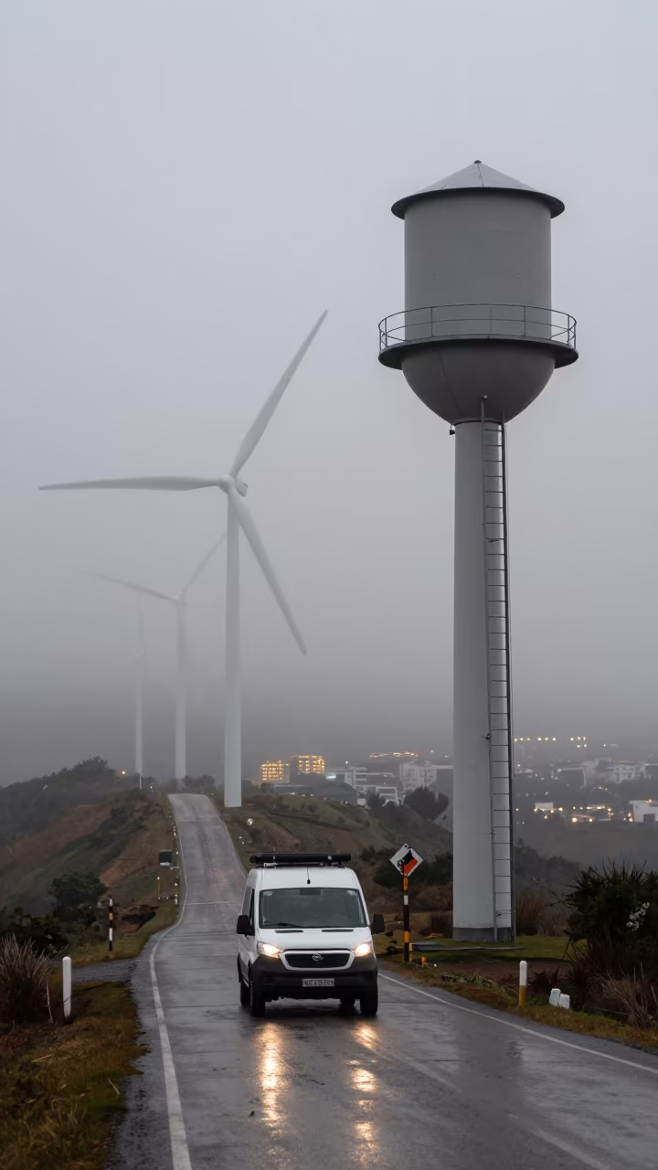 Wind Farm Road Vanishes in Hill Fog Near Water Tower in beside a water tower ladder near Santa Teresa del Tuy